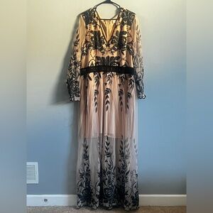 A Beautiful Soul 2X B Maxi Embroidered Long Sleeve V-Neck See Thru Gown Dress